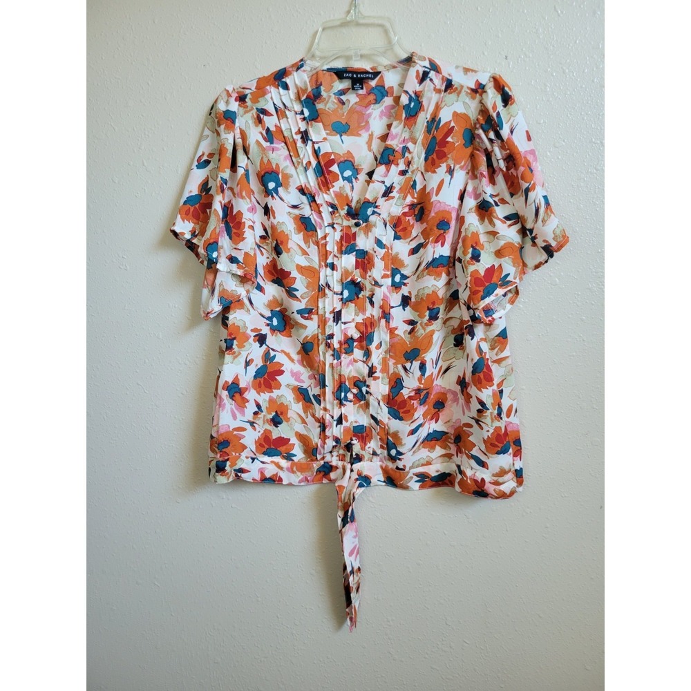 Zac & Rachel Women's Floral Ruffle Short Sleeve Colorful Tie Blouse Career Sz M‎